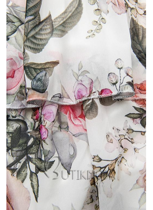 Rochie albă florală cu volănașe și dantelă