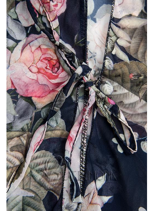 Rochie bleumarin florală cu volănașe și dantelă