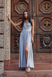 Rochie maxi brocart cu legare la spate – gri