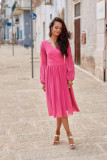 Rochie evazată cu decolteu petrecut și mâneci lungi, culoare amarant