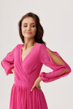 Rochie evazată cu decolteu petrecut și mâneci lungi, culoare amarant