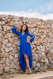 Rochie maxi asimetrică cu mâneci lungi, în nuanță intensă de albastru