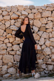 Rochie maxi asimetrică neagră cu mâneci lungi