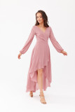 Rochie maxi asimetrică cu mâneci lungi în roz închis