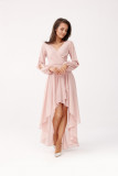 Rochie maxi asimetrică roz cu mâneci lungi