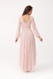 Rochie maxi asimetrică roz cu mâneci lungi