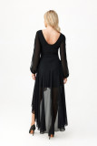 Rochie maxi asimetrică neagră cu mâneci lungi