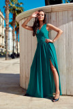 Rochie lungă cu decolteu petrecut și legare la spate, verde deschis