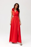 Rochie maxi din satin cu trandafir decorativ, roșie