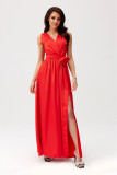 Rochie maxi din satin cu trandafir decorativ, roșie