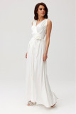 Rochie maxi din satin cu trandafir decorativ, culoare ecru