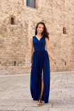Rochie maxi brocart cu legare la spate, albastru închis