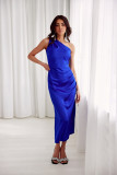 Rochie midi din satin, pe un umăr, în nuanță intensă de albastru