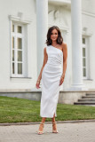 Rochie midi satinată pe un umăr, culoare ecru