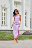 Rochie midi satinată pe un umăr, culoare lila