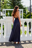 Rochie maxi din satin cu legare la spate, bleumarin