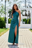 Rochie maxi satinată pe un umăr, verde
