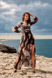 Rochie lungă cu imprimeu și legare la spate – neagră