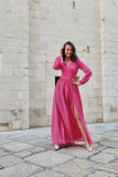 Rochie maxi din șifon cu mâneci lungi și legare la spate, culoare amarant