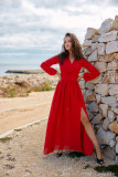 Rochie maxi din șifon cu mâneci lungi și legare la spate – roșie
