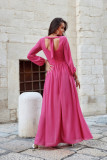 Rochie maxi din șifon cu mâneci lungi și legare la spate, culoare amarant