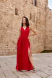 Rochie maxi brocart cu legare la spate, roșie