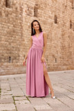 Rochie maxi brocart cu legare la spate, roz