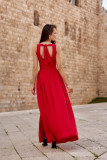 Rochie maxi brocart cu legare la spate, roșie