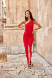 Rochie maxi mulată pe un umăr cu sclipici, roșie