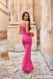 Rochie maxi mulată cu un umăr și sclipici, culoare amarant