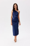 Rochie midi asimetrică bleumarin pe un umăr