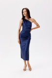 Rochie midi asimetrică bleumarin pe un umăr