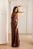 Rochie maxi satinată cu legare la spate, maro