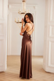 Rochie maxi satinată cu legare la spate, maro