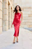 Rochie midi satinată cu o mânecă lungă, roșie