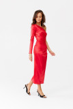 Rochie midi satinată cu o mânecă lungă, roșie