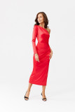 Rochie midi satinată cu o mânecă lungă, roșie