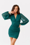 Rochie verde plisată cu mâneci bufante