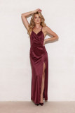 Rochie maxi satinată cu legare la spate, culoare bordo