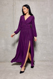 Rochie maxi brocart cu mâneci lungi în violet episcopal
