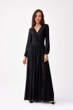 Rochie maxi neagră brocart cu mâneci lungi