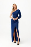 Rochie maxi brocart cu o mânecă, albastru închis