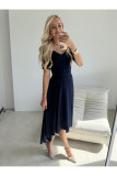 Rochie midi bleumarin cu decolteu asimetric
