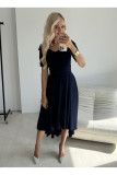Rochie midi bleumarin cu decolteu asimetric