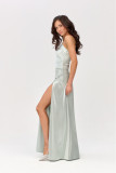 Rochie maxi satinată pe un umăr, culoare mentă
