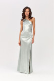 Rochie maxi satinată pe un umăr, culoare mentă