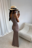 Rochie maxi maro deschis cu despicătură pe picior