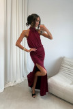 Rochie maxi lungă bordo cu despicătură