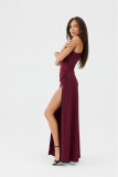 Rochie maxi bordo cu despicătură și un umăr gol