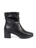 Botine negre din piele cu toc și guler plisat